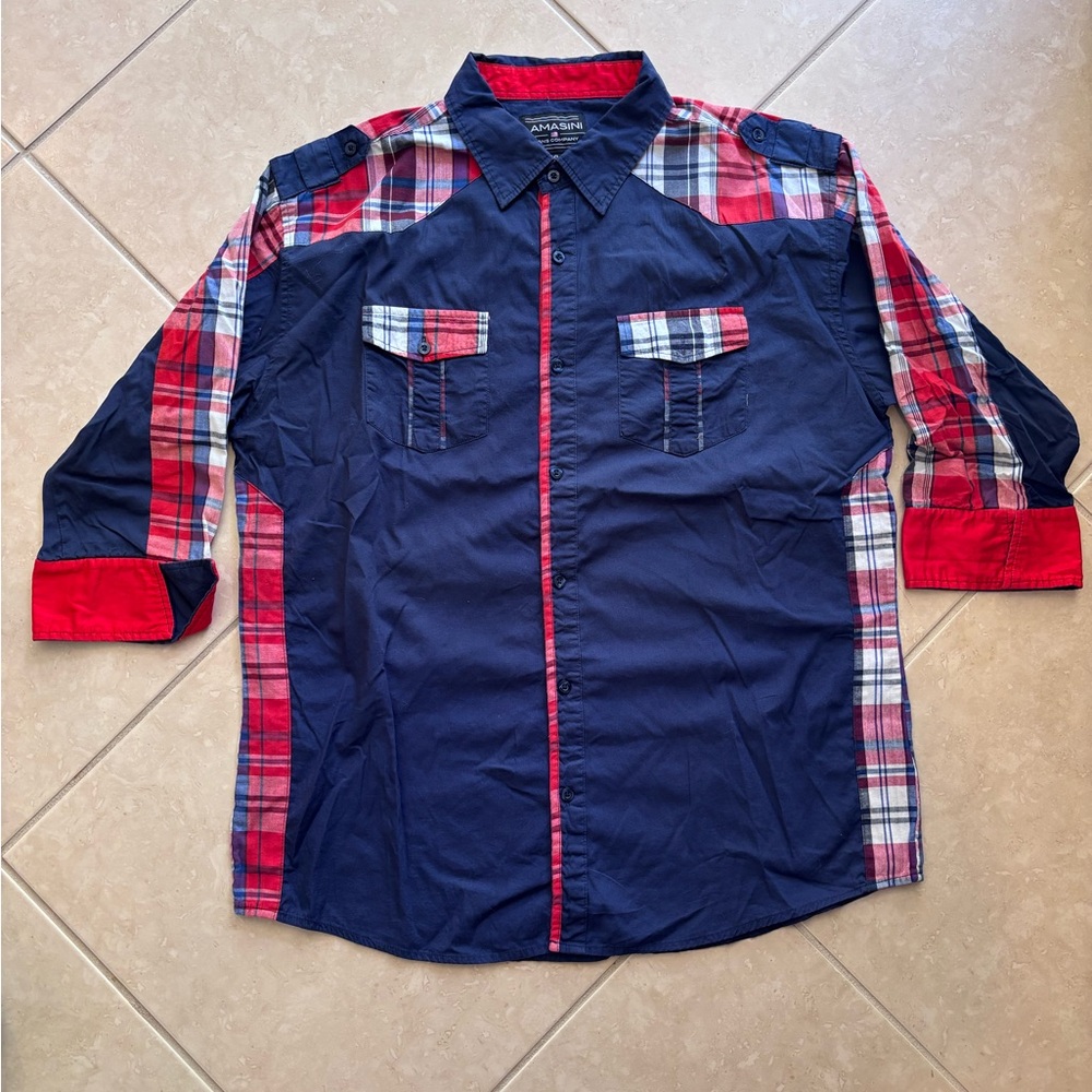 Lamasini Men’s Navy and Red Plaid Button-Up Shirt w/ Pockets Red White Blue XL